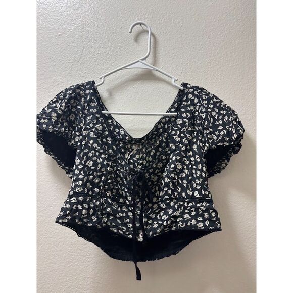 Free People Women's Medium Easy to Love Black Floral Midi Crop Top Set Outfit - Picture 5 of 8